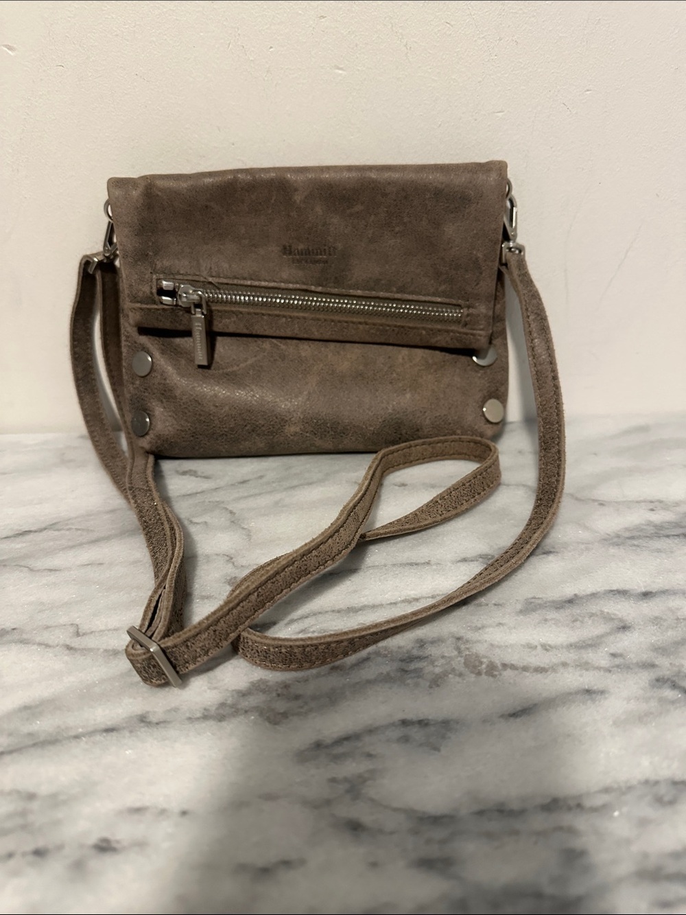 Hammitt VIP Small Crossbody Bag Pewter Leather Brushed Silver Rivet Clutch